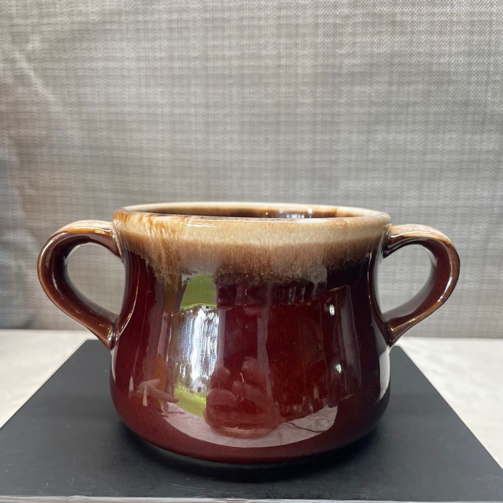 McCoy Brown Ceramic Pot with Handles, signed vintage.